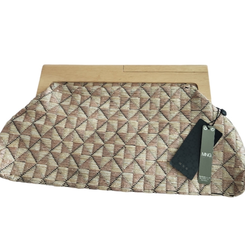 NWT Mango MNG Straw Wooden Clutch/ Wristlet Bag - Picture 6 of 9